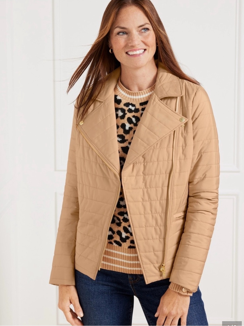 NWT Large Talbots Quilted Camel Puffer Moto Jacket